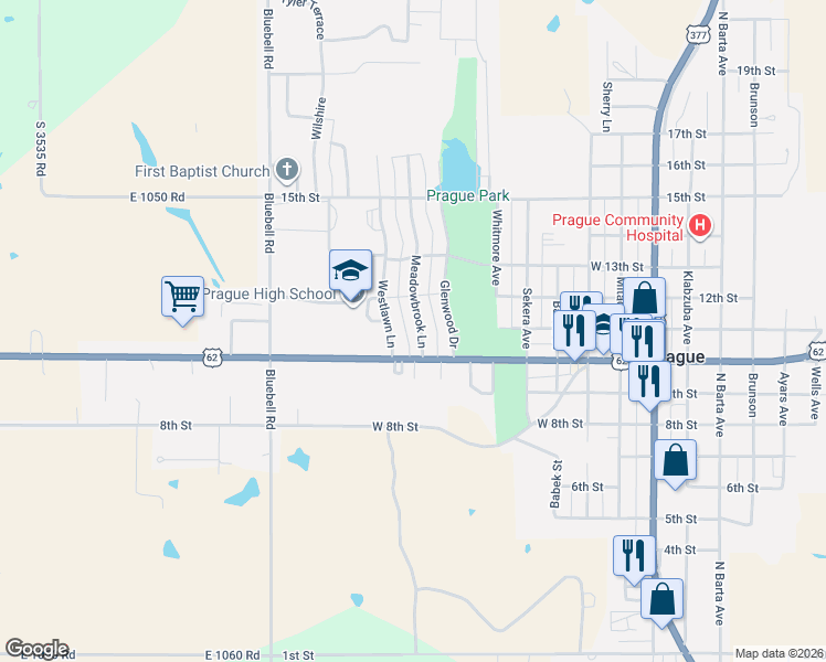 map of restaurants, bars, coffee shops, grocery stores, and more near 1603 West Main Street in Prague