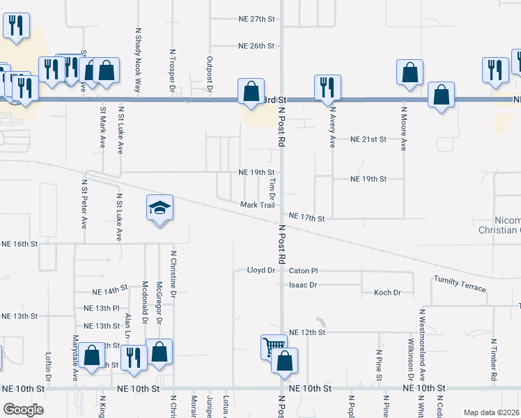 map of restaurants, bars, coffee shops, grocery stores, and more near 9916 Mark Trail in Oklahoma City