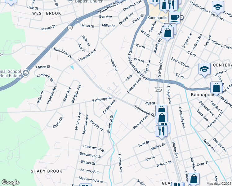 map of restaurants, bars, coffee shops, grocery stores, and more near 707 Rain Place Court in Kannapolis