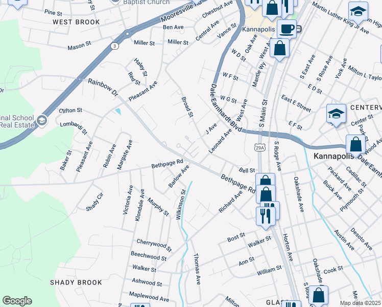 map of restaurants, bars, coffee shops, grocery stores, and more near 701 Rain Place Court in Kannapolis