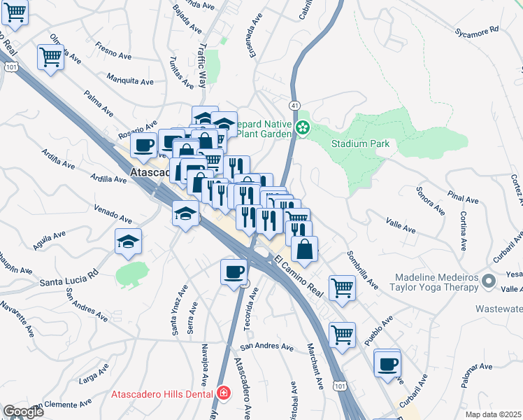 map of restaurants, bars, coffee shops, grocery stores, and more near 6915 Santa Ysabel Avenue in Atascadero