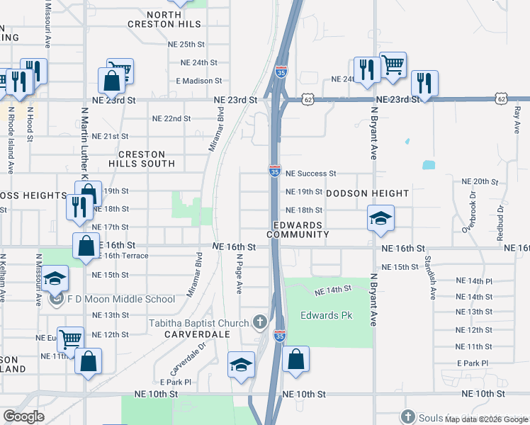 map of restaurants, bars, coffee shops, grocery stores, and more near 1807 Northeast Grand Boulevard in Oklahoma City
