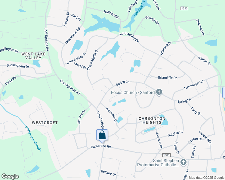 map of restaurants, bars, coffee shops, grocery stores, and more near 2107 Spring Lane in Sanford