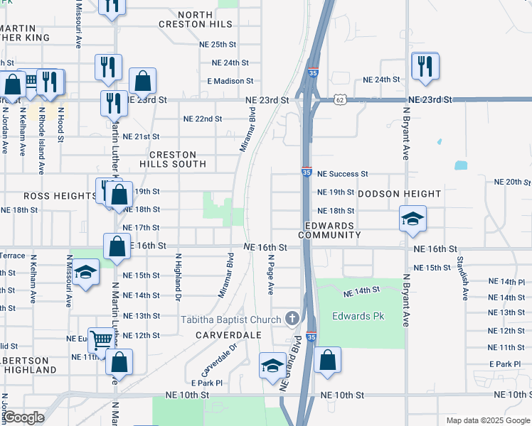 map of restaurants, bars, coffee shops, grocery stores, and more near 2505 Northeast 17th Street in Oklahoma City