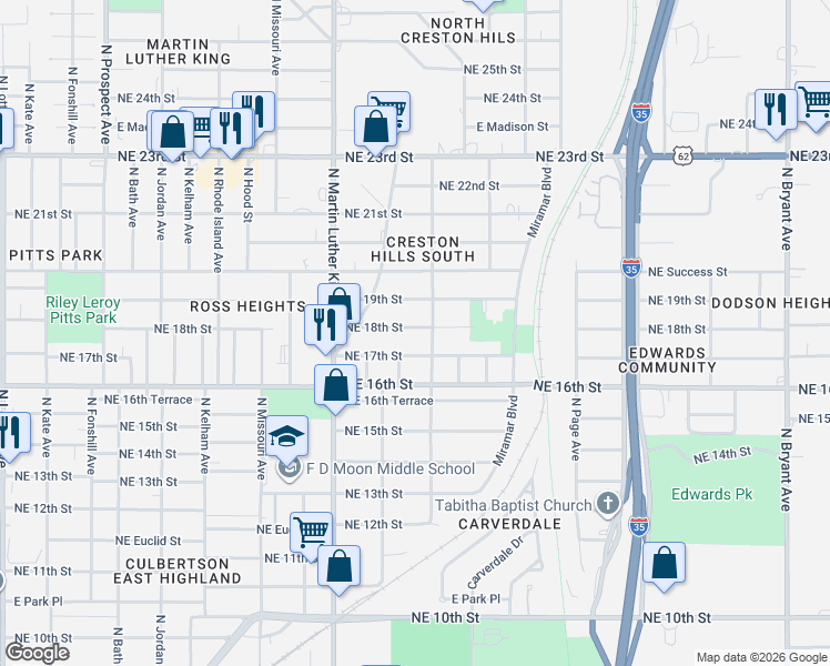 map of restaurants, bars, coffee shops, grocery stores, and more near 2125 Northeast 17th Street in Oklahoma City