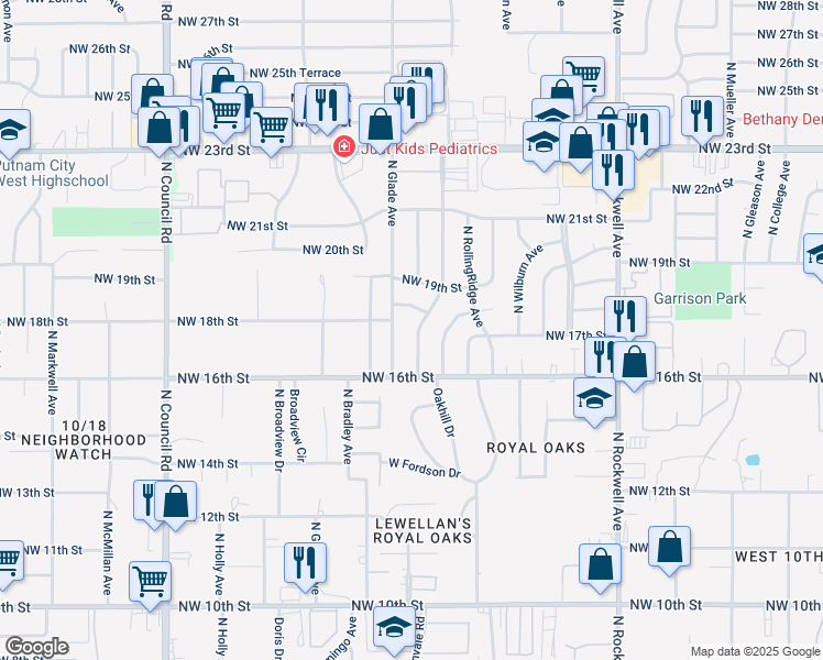 map of restaurants, bars, coffee shops, grocery stores, and more near 1721 North Oakhill Road in Bethany