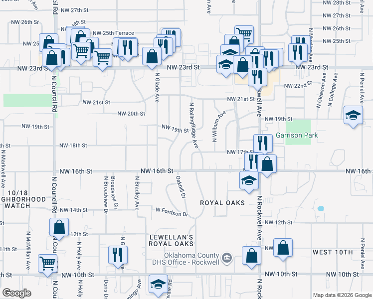 map of restaurants, bars, coffee shops, grocery stores, and more near 1716 North Fordson Avenue in Oklahoma City