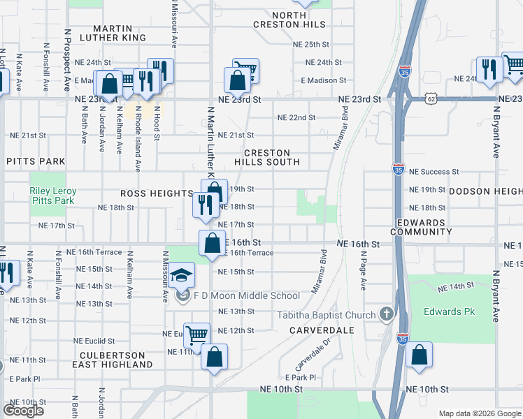 map of restaurants, bars, coffee shops, grocery stores, and more near 2125 Northeast 17th Street in Oklahoma City
