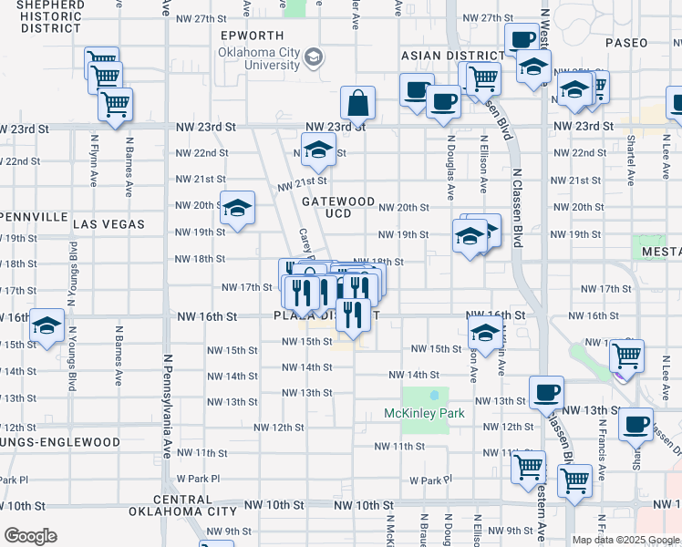 map of restaurants, bars, coffee shops, grocery stores, and more near 1708 Northwest 17th Street in Oklahoma City