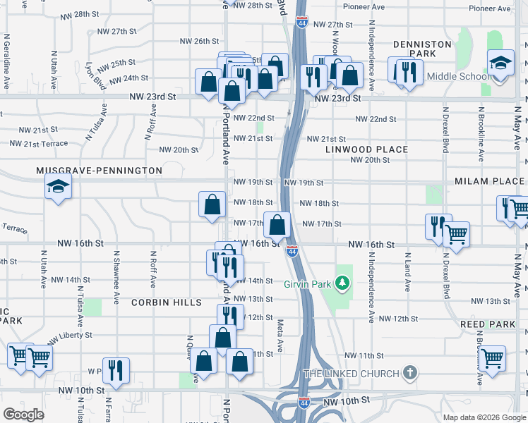 map of restaurants, bars, coffee shops, grocery stores, and more near 3517 Northwest 17th Street in Oklahoma City