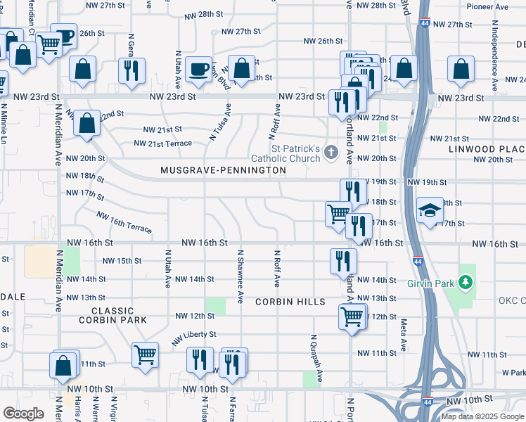 map of restaurants, bars, coffee shops, grocery stores, and more near 1732 North Roff Avenue in Oklahoma City