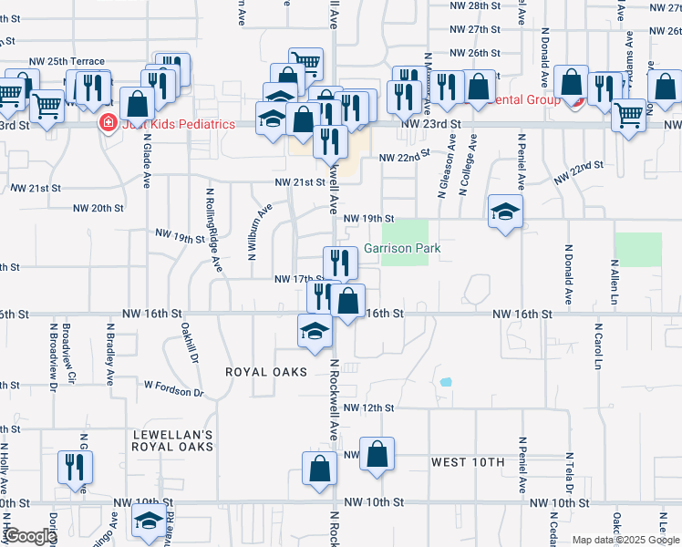 map of restaurants, bars, coffee shops, grocery stores, and more near 1708 North Rockwell Avenue in Bethany