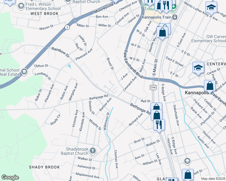 map of restaurants, bars, coffee shops, grocery stores, and more near 717 Rain Place Court in Kannapolis