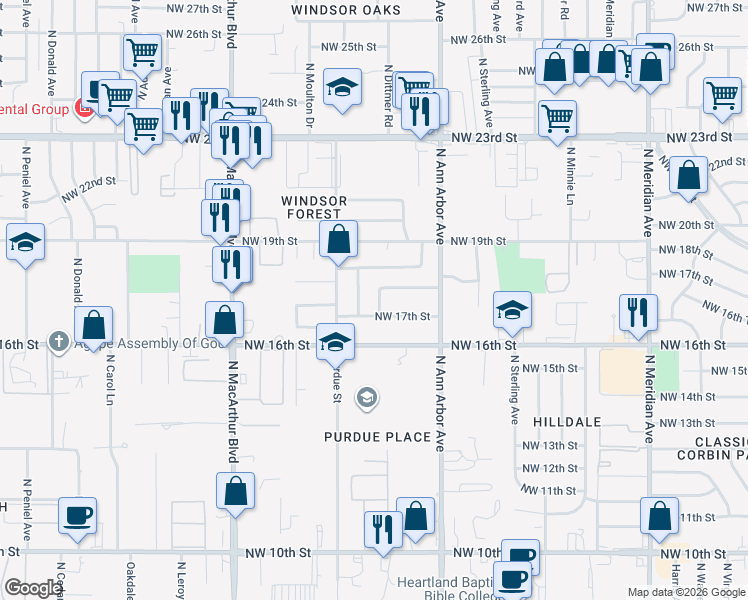 map of restaurants, bars, coffee shops, grocery stores, and more near 1800 North Austin Street in Oklahoma City