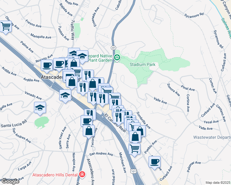 map of restaurants, bars, coffee shops, grocery stores, and more near 7132 Sombrilla Avenue in Atascadero