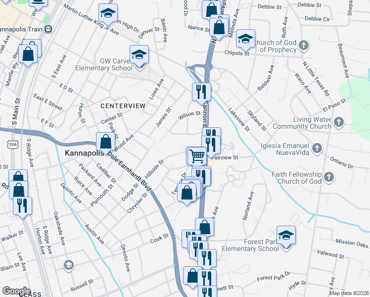 map of restaurants, bars, coffee shops, grocery stores, and more near 304 Dot Avenue in Kannapolis