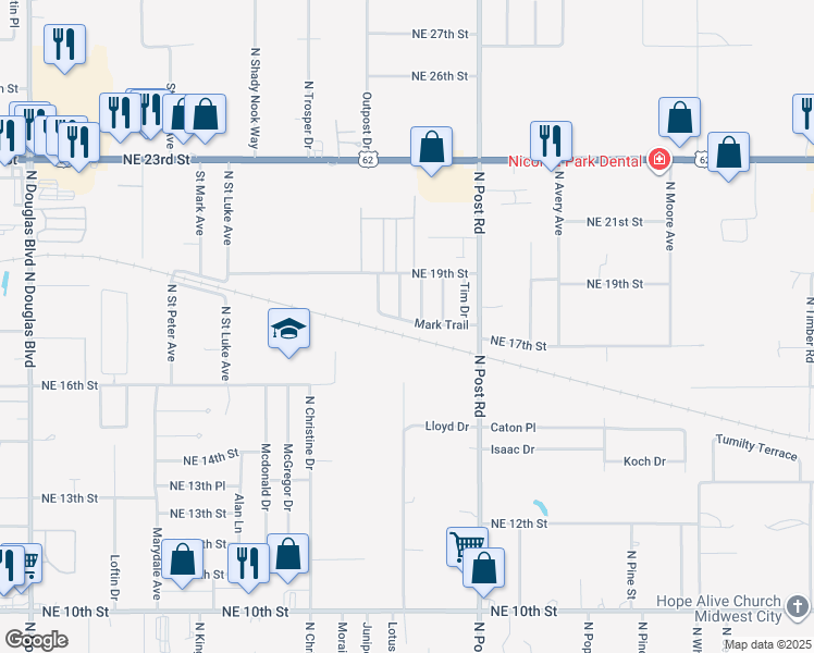 map of restaurants, bars, coffee shops, grocery stores, and more near 1621 Lloyd Drive in Midwest City