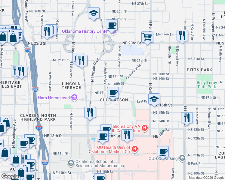 map of restaurants, bars, coffee shops, grocery stores, and more near 714 Northeast 17th Street in Oklahoma City