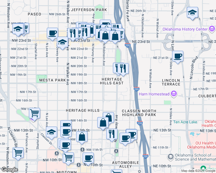 map of restaurants, bars, coffee shops, grocery stores, and more near 119 1/2 Northwest 17th Street in Oklahoma City