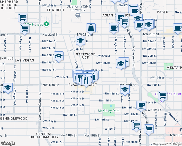 map of restaurants, bars, coffee shops, grocery stores, and more near 1708 Northwest 17th Street in Oklahoma City