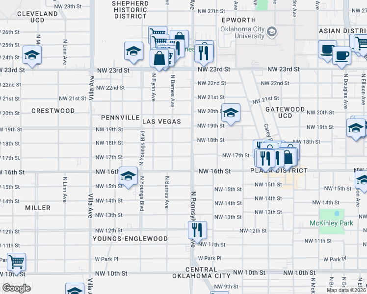 map of restaurants, bars, coffee shops, grocery stores, and more near 2101 Northwest 17th Street in Oklahoma City