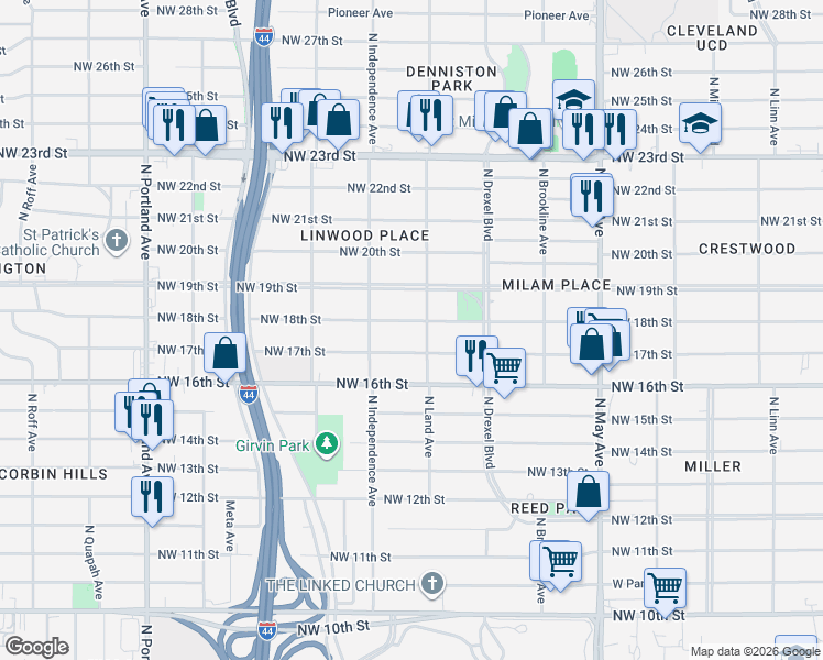 map of restaurants, bars, coffee shops, grocery stores, and more near in Oklahoma City