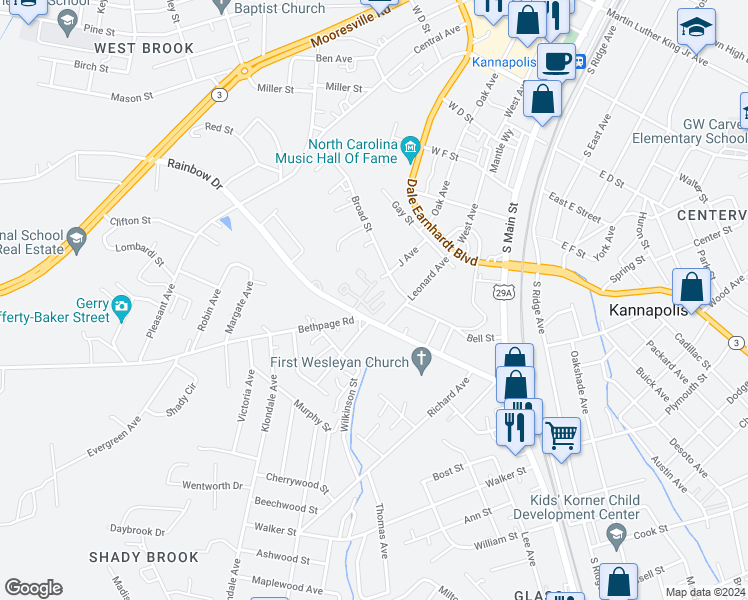 map of restaurants, bars, coffee shops, grocery stores, and more near 731 Rain Place Court in Kannapolis