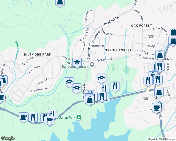 map of restaurants, bars, coffee shops, grocery stores, and more near 275 Overlook Road in Asheville