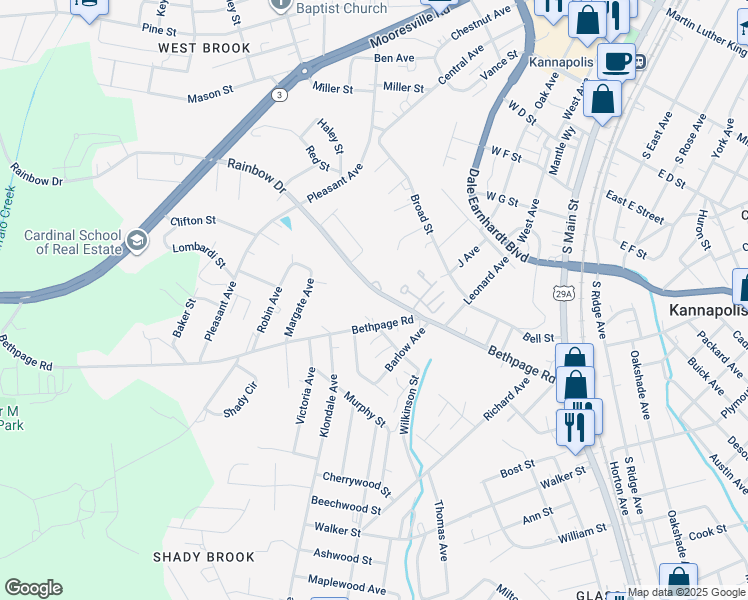 map of restaurants, bars, coffee shops, grocery stores, and more near 607 Rainbow Drive in Kannapolis
