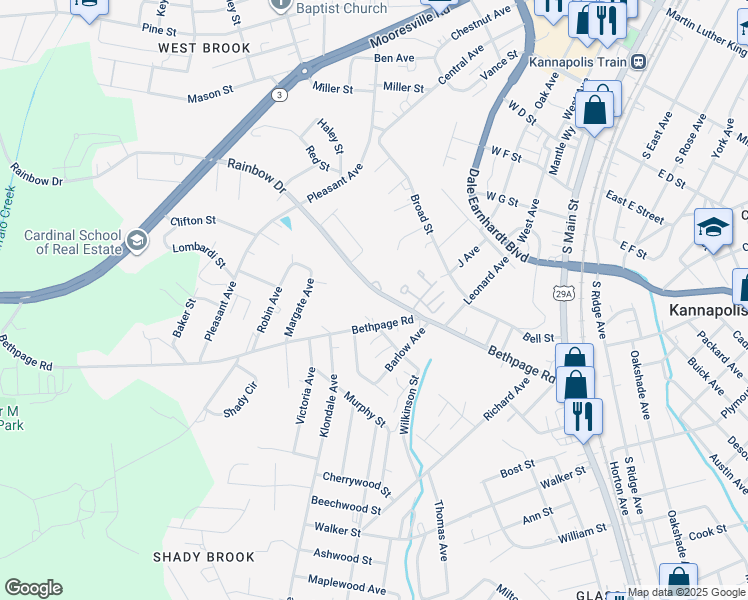map of restaurants, bars, coffee shops, grocery stores, and more near 607 Rainbow Drive in Kannapolis