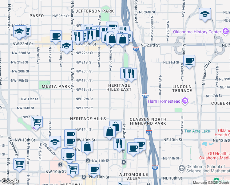 map of restaurants, bars, coffee shops, grocery stores, and more near 119 1/2 Northwest 17th Street in Oklahoma City