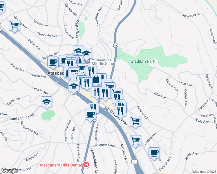 map of restaurants, bars, coffee shops, grocery stores, and more near 19 Quail Ridge Drive in Atascadero