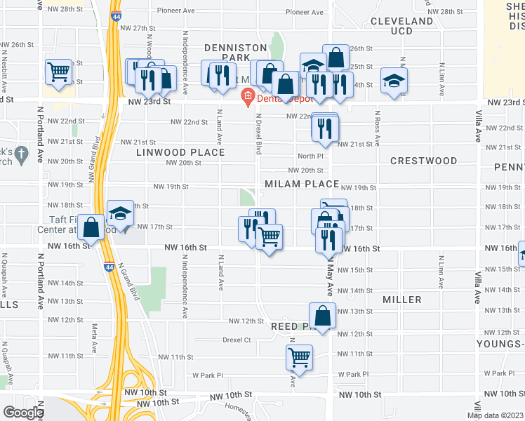 map of restaurants, bars, coffee shops, grocery stores, and more near 1820 North Drexel Boulevard in Oklahoma City