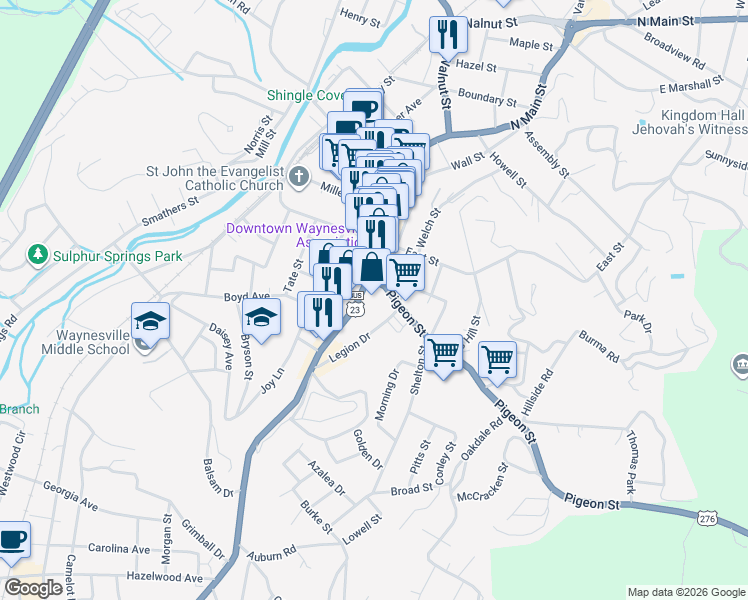 map of restaurants, bars, coffee shops, grocery stores, and more near in Waynesville