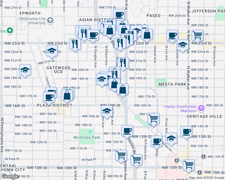 map of restaurants, bars, coffee shops, grocery stores, and more near 1907 North Classen Boulevard in Oklahoma City