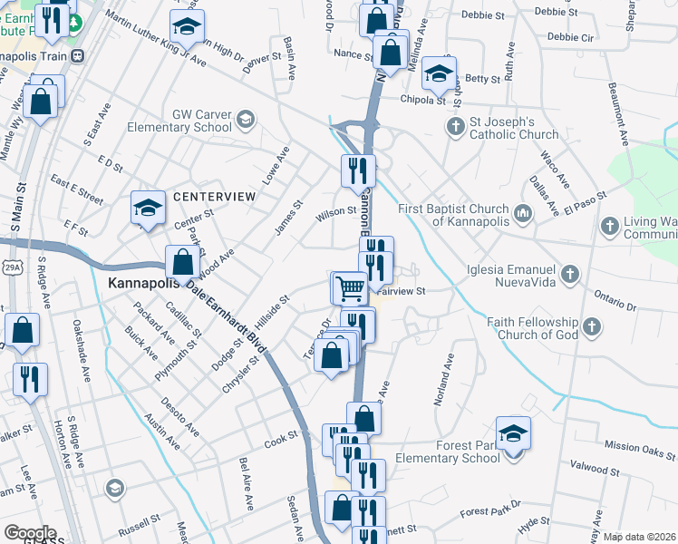 map of restaurants, bars, coffee shops, grocery stores, and more near 644 Smith Street in Kannapolis