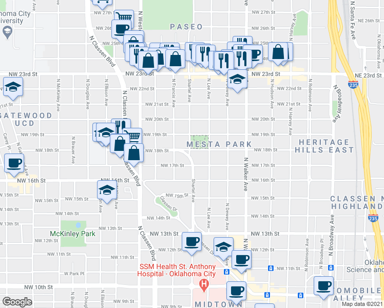 map of restaurants, bars, coffee shops, grocery stores, and more near 740 Northwest 19th Street in Oklahoma City