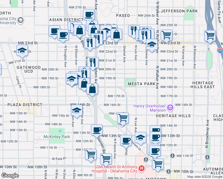 map of restaurants, bars, coffee shops, grocery stores, and more near 831 Northwest 18th Street in Oklahoma City