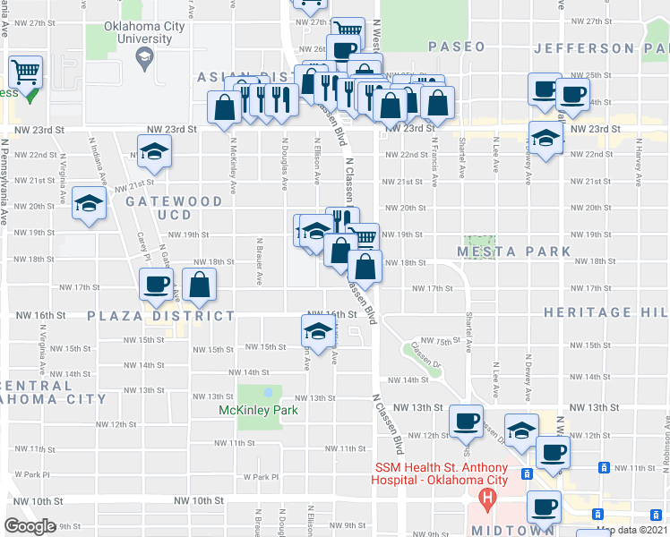 map of restaurants, bars, coffee shops, grocery stores, and more near 1907 North Classen Boulevard in Oklahoma City