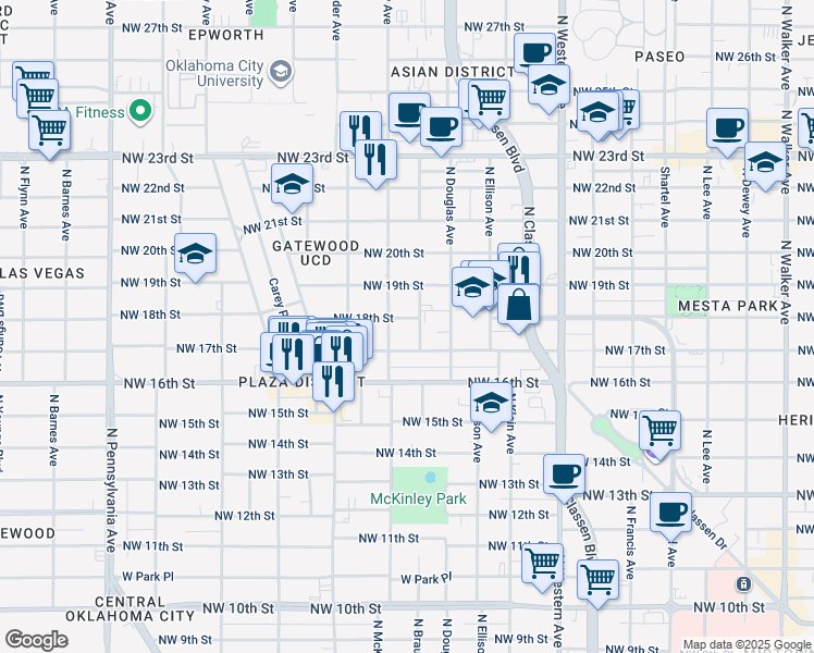 map of restaurants, bars, coffee shops, grocery stores, and more near 1511 Northwest 18th Street in Oklahoma City