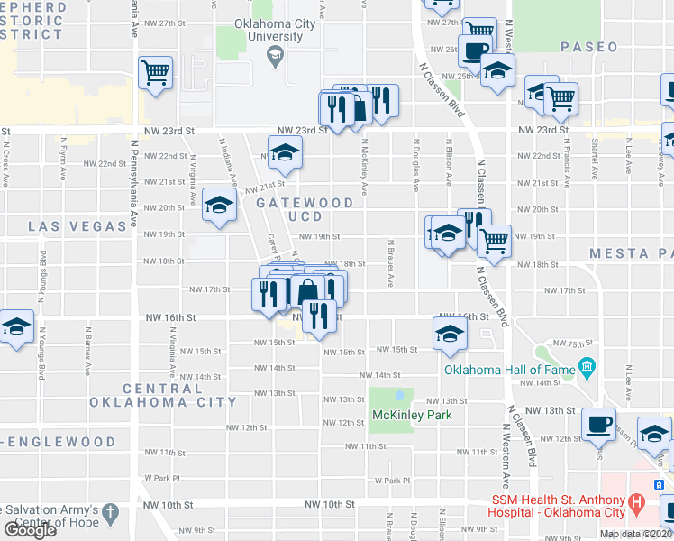 map of restaurants, bars, coffee shops, grocery stores, and more near 1609 Northwest 18th Street in Oklahoma City