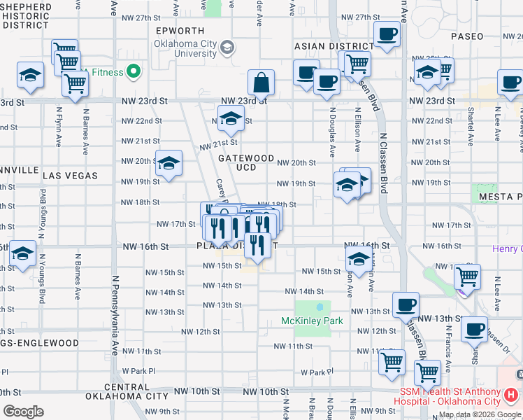 map of restaurants, bars, coffee shops, grocery stores, and more near 1715 Northwest 18th Street in Oklahoma City