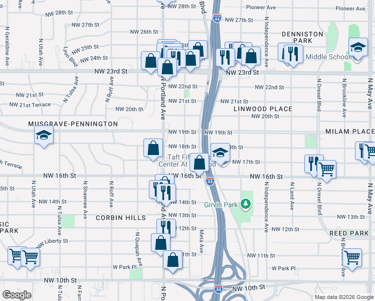 map of restaurants, bars, coffee shops, grocery stores, and more near 3517 Northwest 18th Street in Oklahoma City