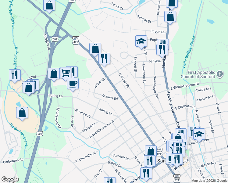 map of restaurants, bars, coffee shops, grocery stores, and more near 641 North Horner Boulevard in Sanford