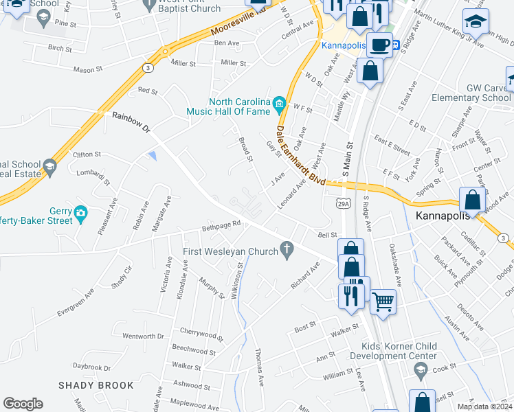 map of restaurants, bars, coffee shops, grocery stores, and more near 755 Rain Place Court in Kannapolis