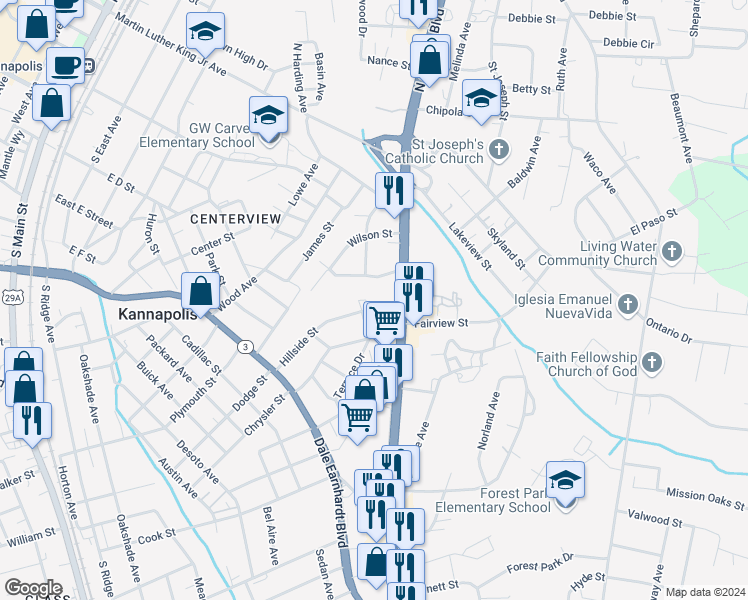 map of restaurants, bars, coffee shops, grocery stores, and more near 739 Hillside Street in Kannapolis