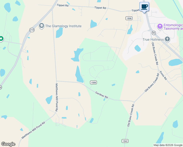 map of restaurants, bars, coffee shops, grocery stores, and more near 3 Gardner Camp Path in Angier