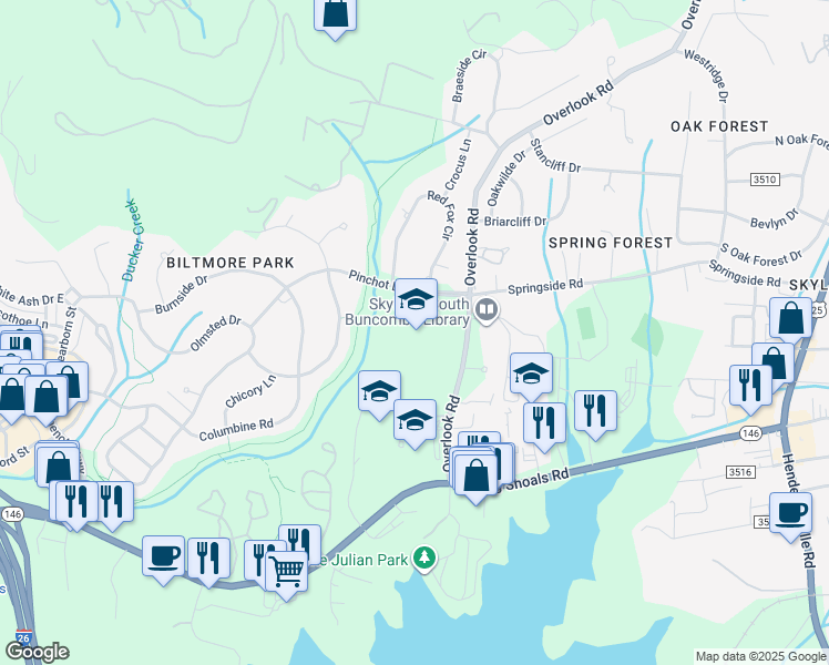 map of restaurants, bars, coffee shops, grocery stores, and more near 275 Overlook Road in Asheville