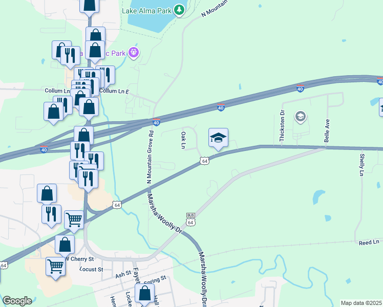 map of restaurants, bars, coffee shops, grocery stores, and more near 408 Oak Lane in Alma