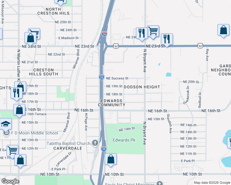 map of restaurants, bars, coffee shops, grocery stores, and more near 2620 Northeast 19th Street in Oklahoma City